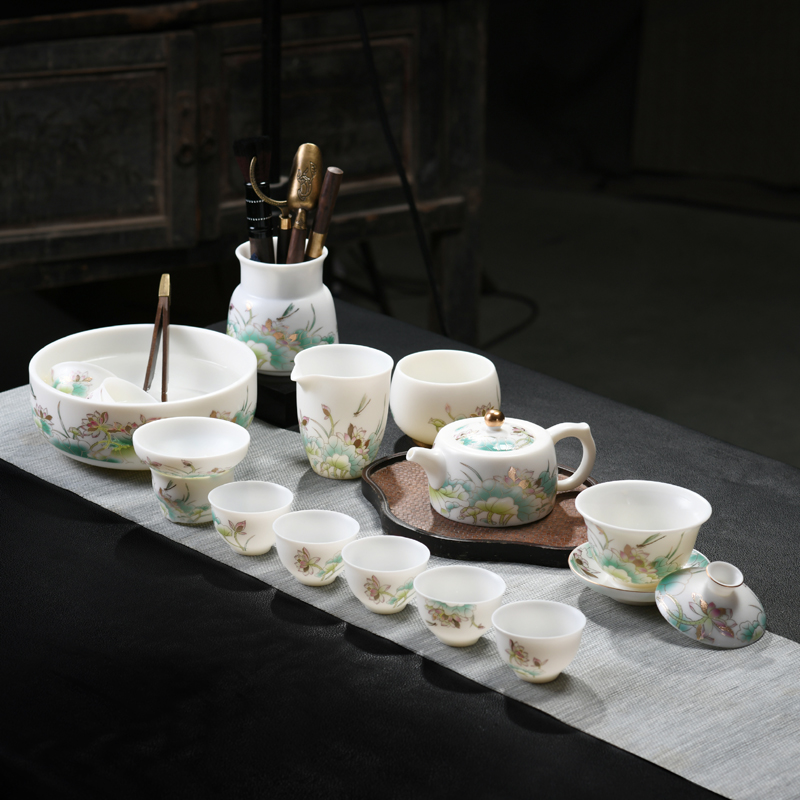 功夫茶具套装家办公室用素烧玉瓷茶杯白瓷泡茶壶盖碗高档整套送礼