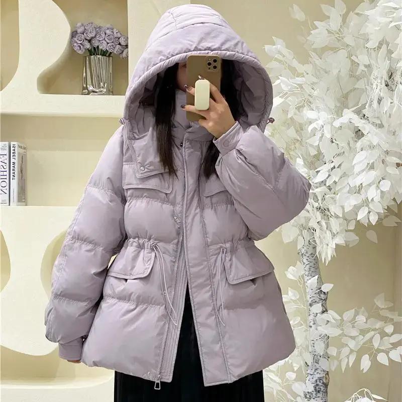 羽绒服新款2023新款韩系芋泥紫收腰羽绒服女中长款冬装白鸭霏棉服