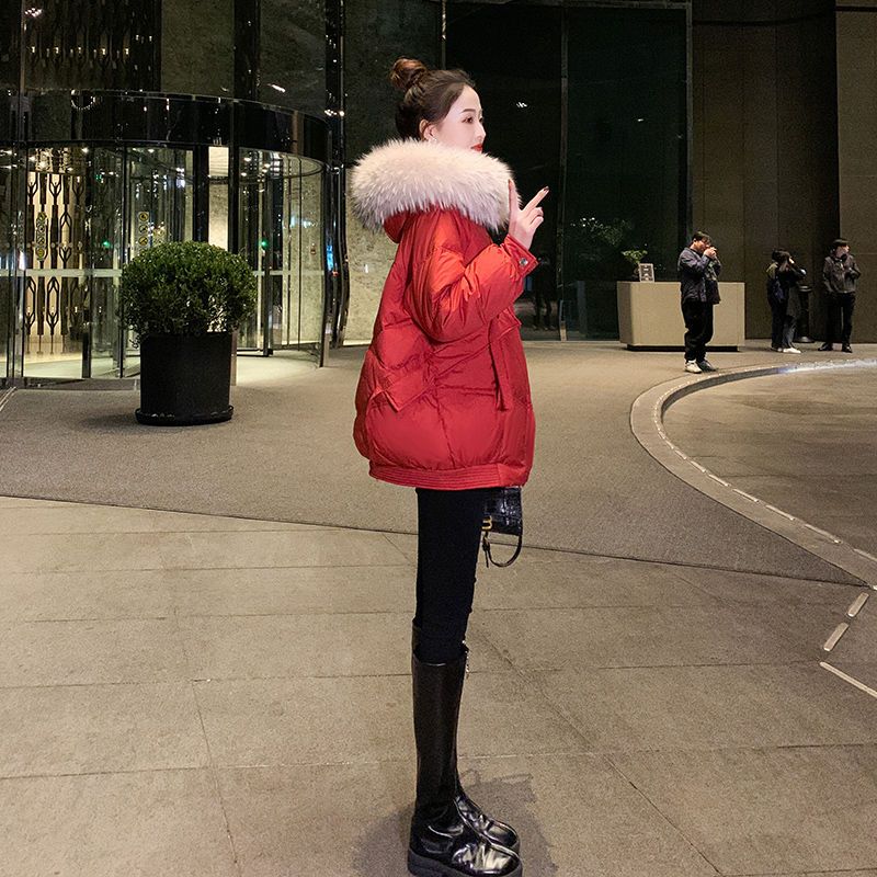 国潮红色羽绒服女冬中长款时尚棉衣洋气爆款小个子棉袄加厚韩版外