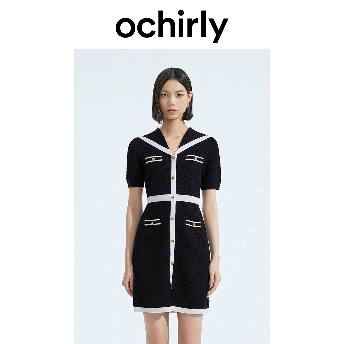 4131[赵老板专属]欧时力 珠片纱小香风针织连衣裙夏装海军领撞色