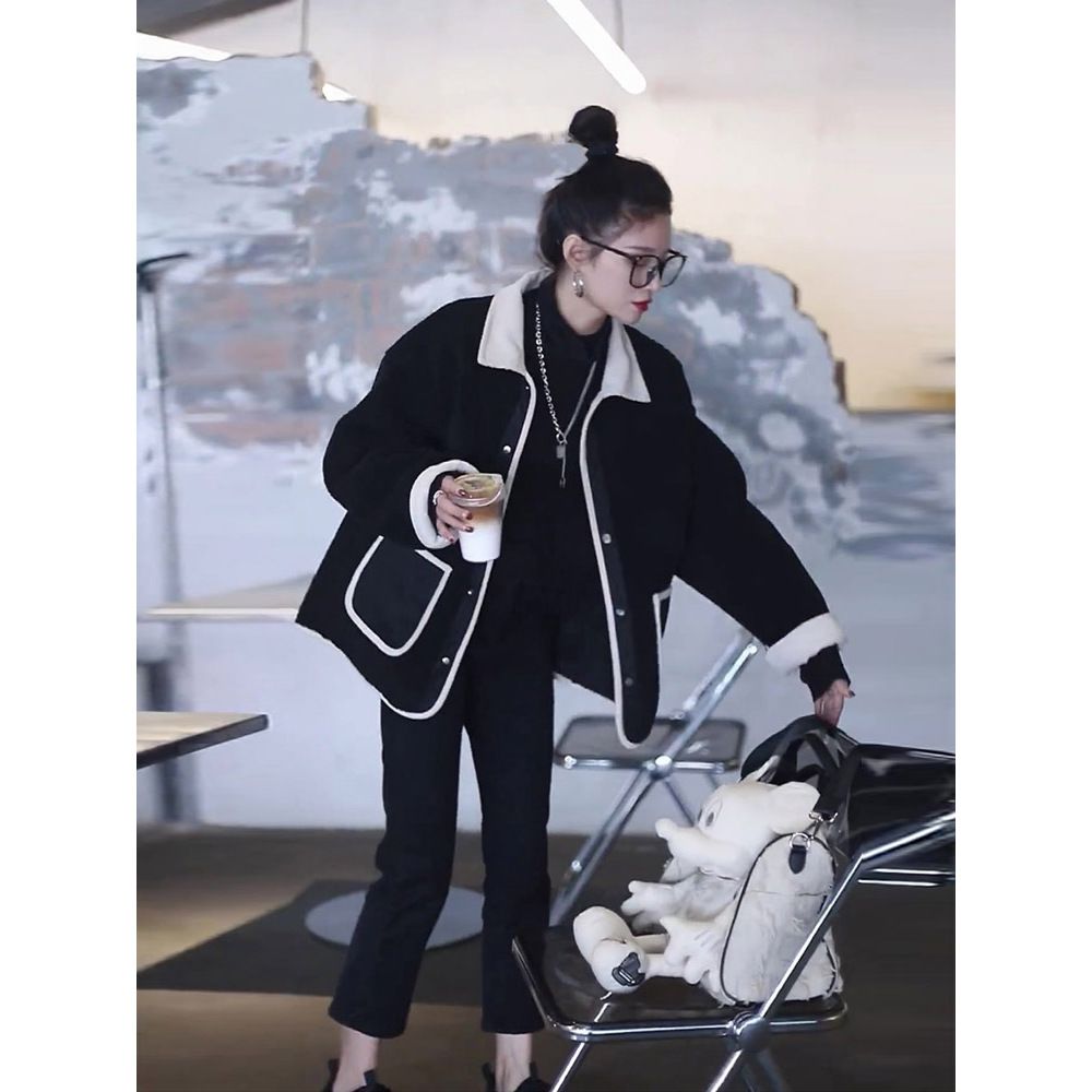 百搭毛毛外套女2023冬装新款韩版宽松显瘦大码皮毛一体设计感大衣