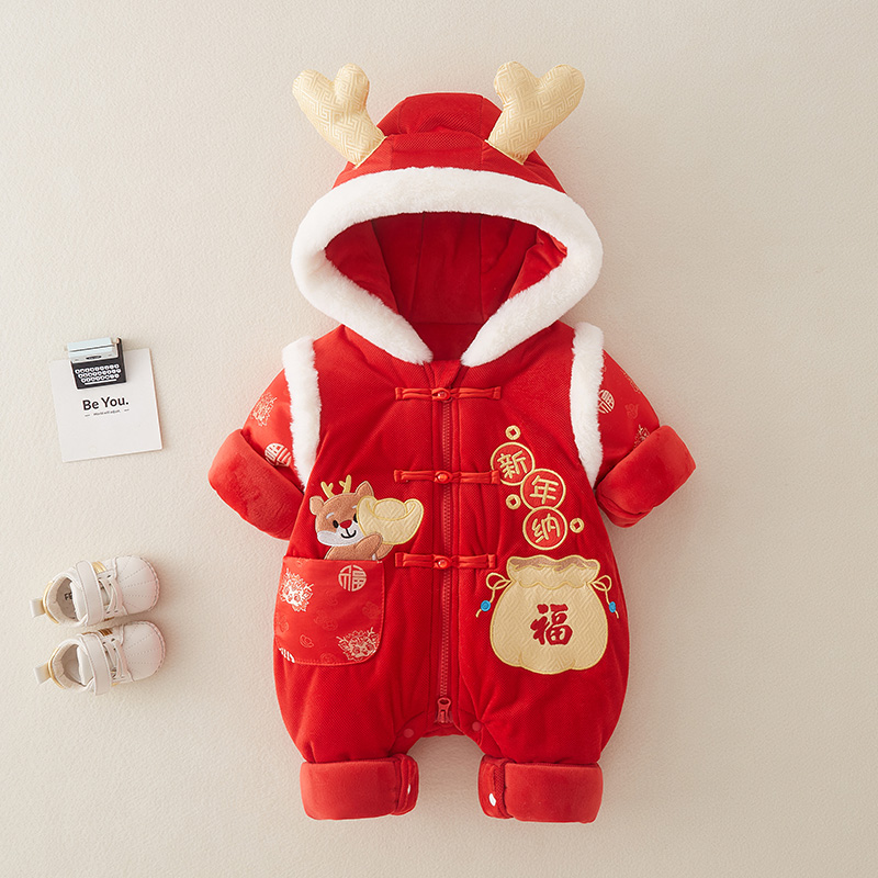 婴儿冬装加厚连体衣男女宝宝中国风喜庆拜年服新生儿满月百天哈衣