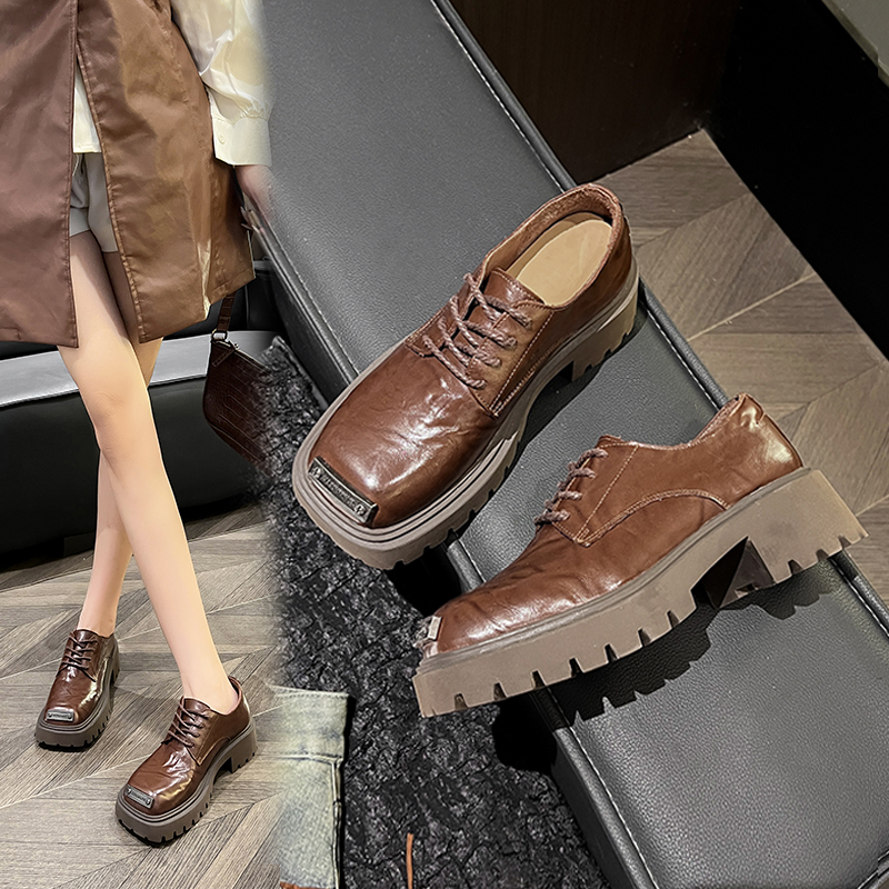 欧版厚底真皮方头单鞋女乐福鞋女2024新款英伦风时尚小皮鞋女鞋