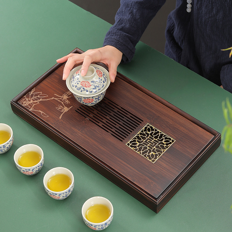 秋池盛水茶盘简约高端家用蓄水式竹制茶台轻奢长方形储水式干泡盘
