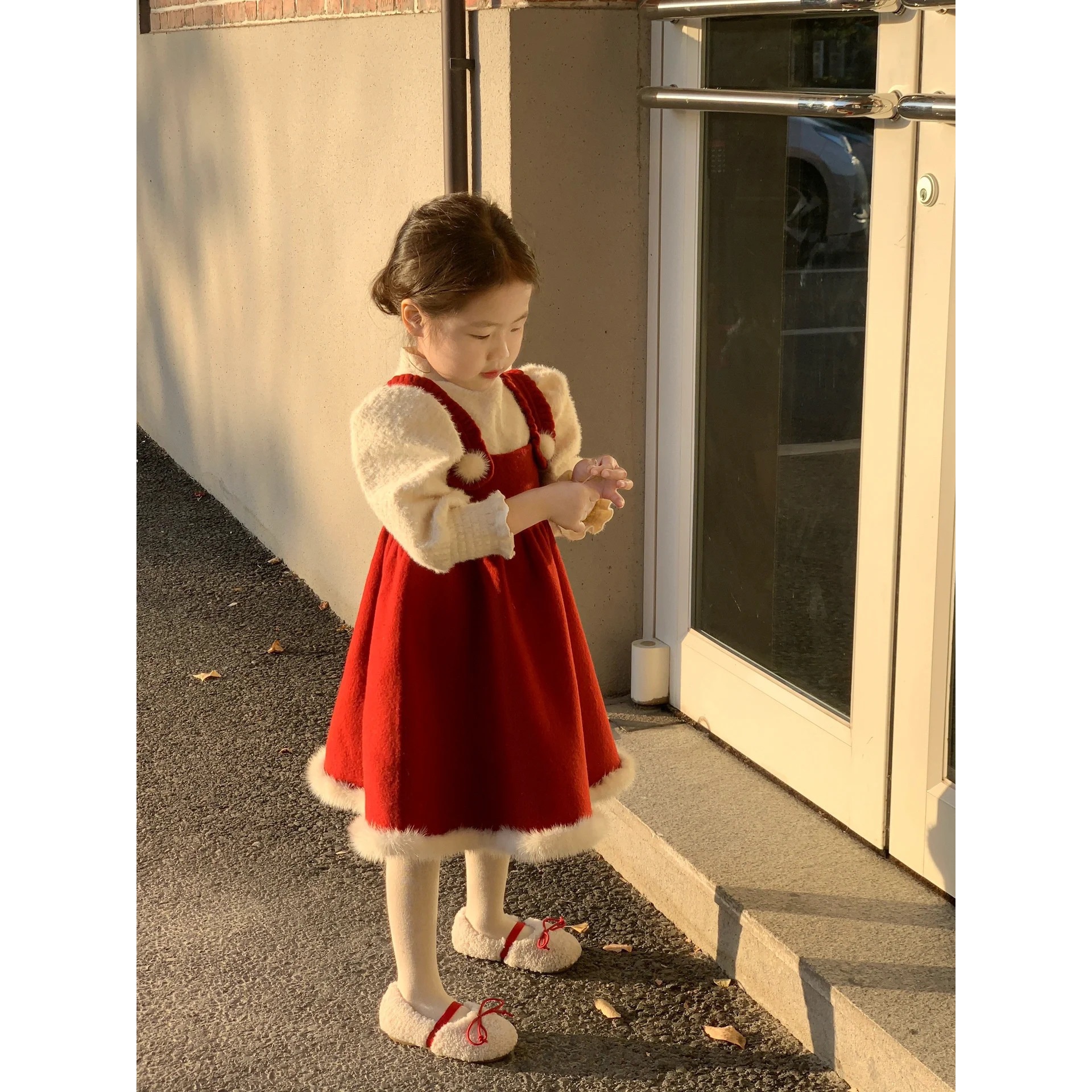 女童韩版圣诞新年红色裙套装厚款加绒背心裙毛衣两件套拜年服年服