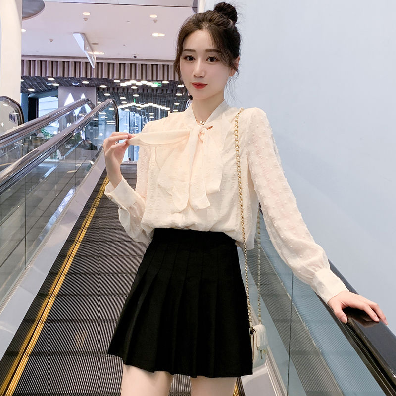法式蝴蝶结衬衫女2023秋款小香风内搭洋气小衫雪纺长袖荷叶边上衣