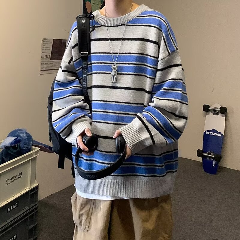 圆领毛衣男秋冬季新款潮牌宽松高级感针织衫线衣男士条纹打底衫批