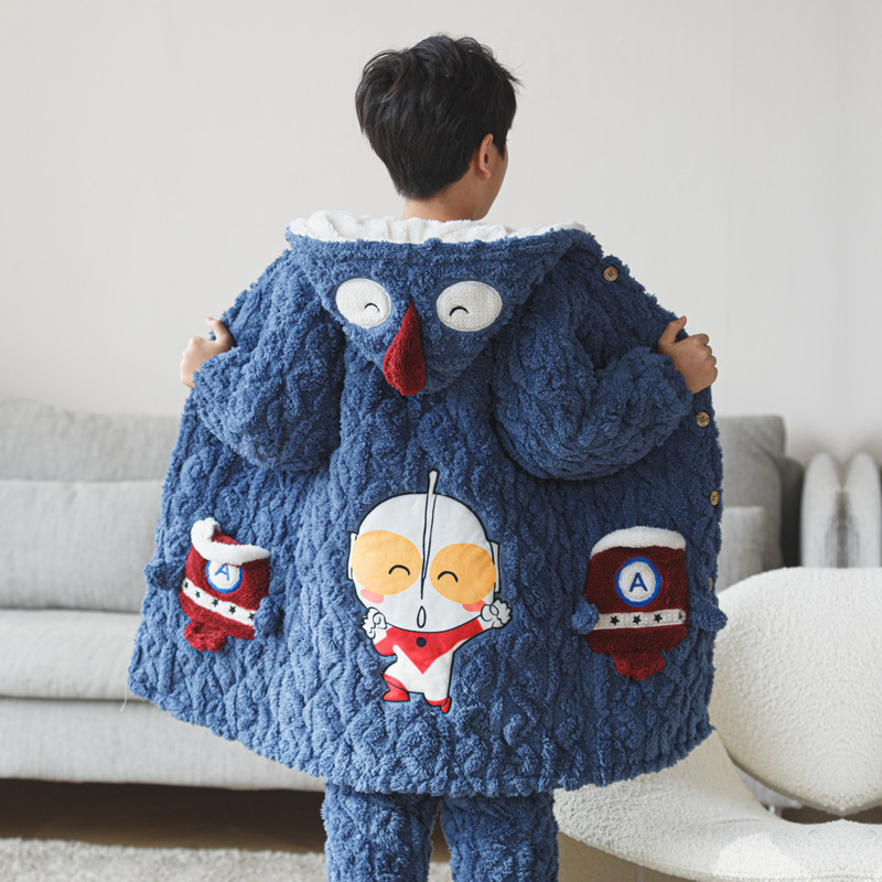 儿童睡衣冬季男童加绒加厚款三层夹睡袍浴袍男孩超厚保暖棉法兰绒