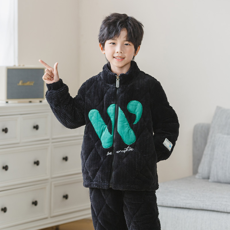 特厚抗寒三层儿童睡衣男童冬季夹棉卡通加绒保暖家居服男孩套装