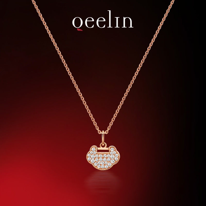 99新 KIRIN/麒麟 麦殿甄选/麒麟镶钻18k黄金项链如意锁/女士项链