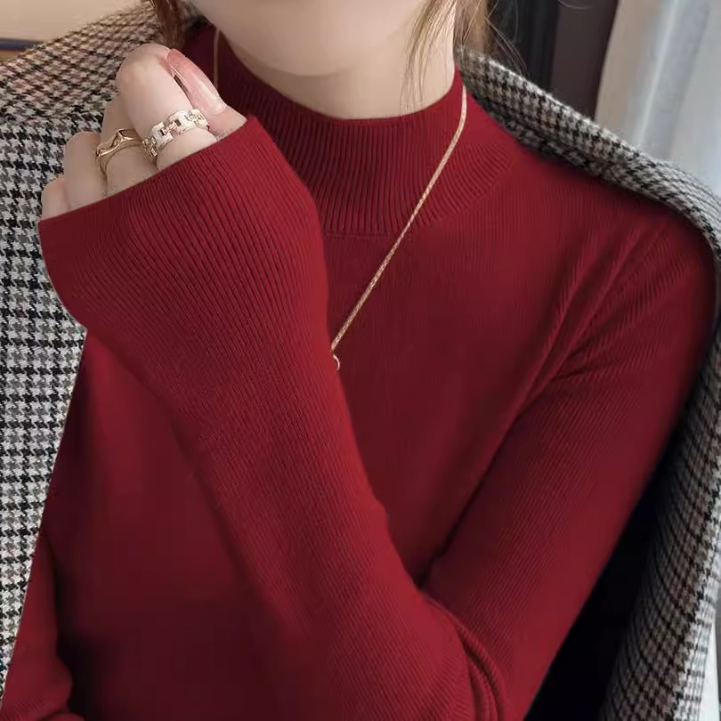 安哥拉红羊毛打底衫女秋冬大衣内搭修身半高领毛衣洋气显瘦针织衫