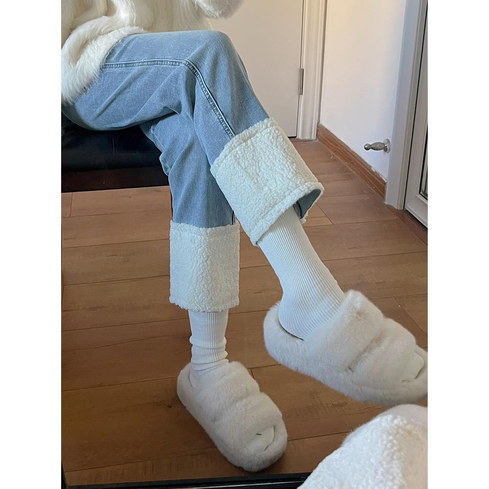 浅蓝直筒加绒牛仔裤女2023秋冬新款拼接高腰显瘦小个子九分烟管裤