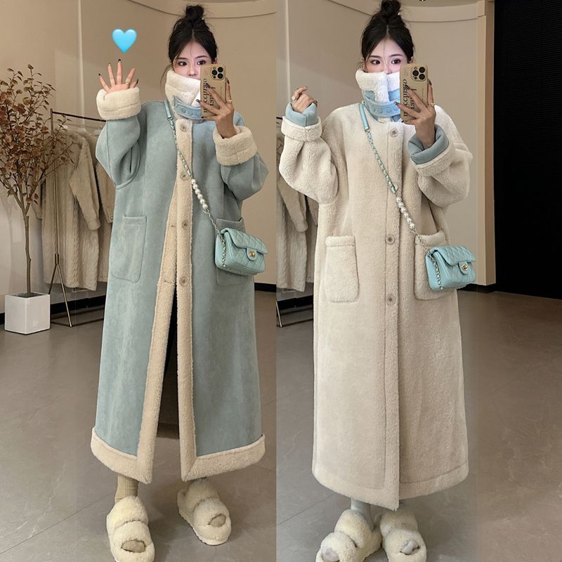 过膝宽松外穿冬厚女长款双面穿羊羔毛绒麂绒机车服毛一体外套