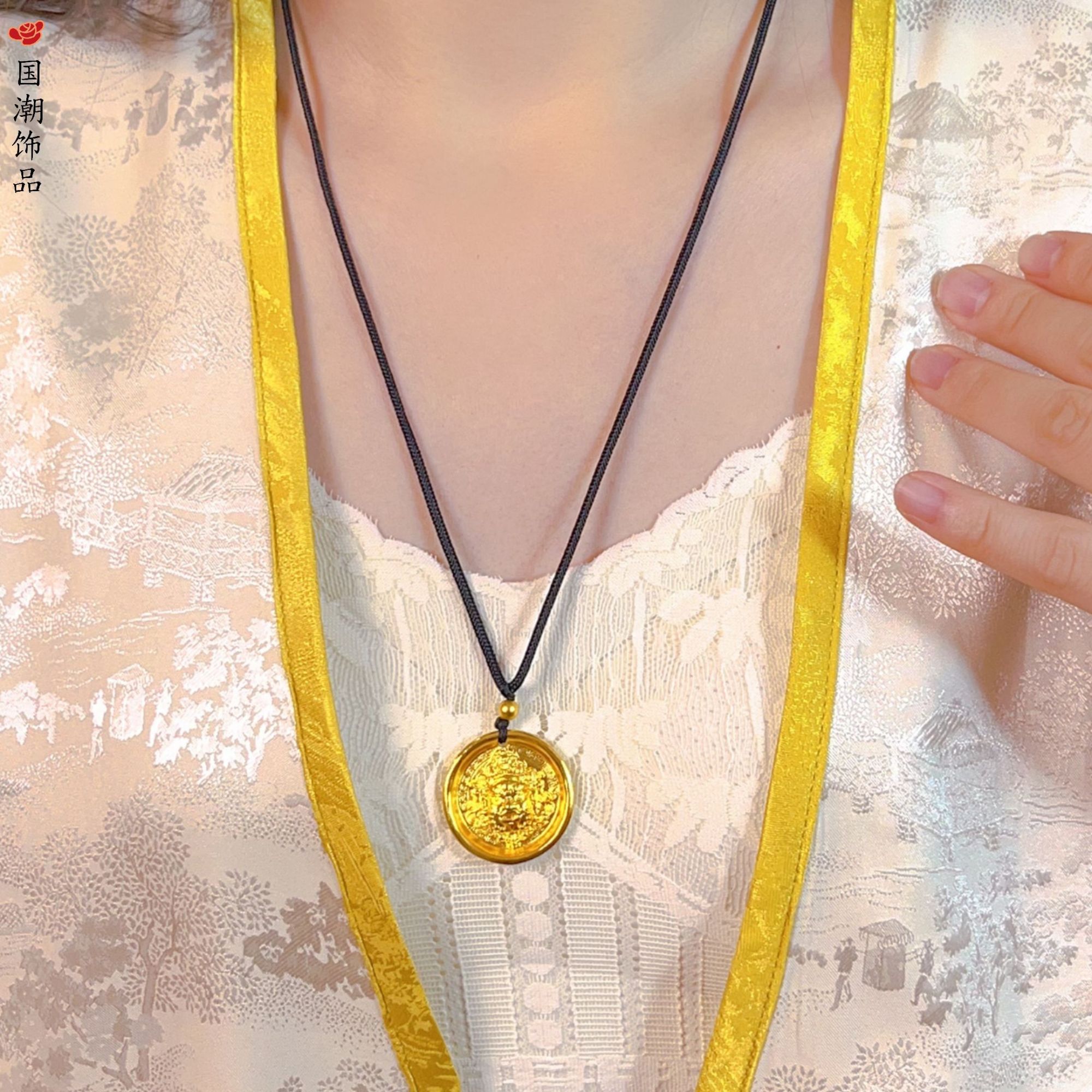合金吊坠 黄财神项链金色挂绳招财圆盘毛衣链实心吊坠链毛衣链