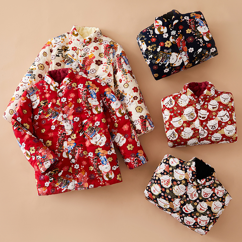 中大童手工居家外穿加厚保暖新年装纯棉花棉袄儿童冬季喜庆拜年服