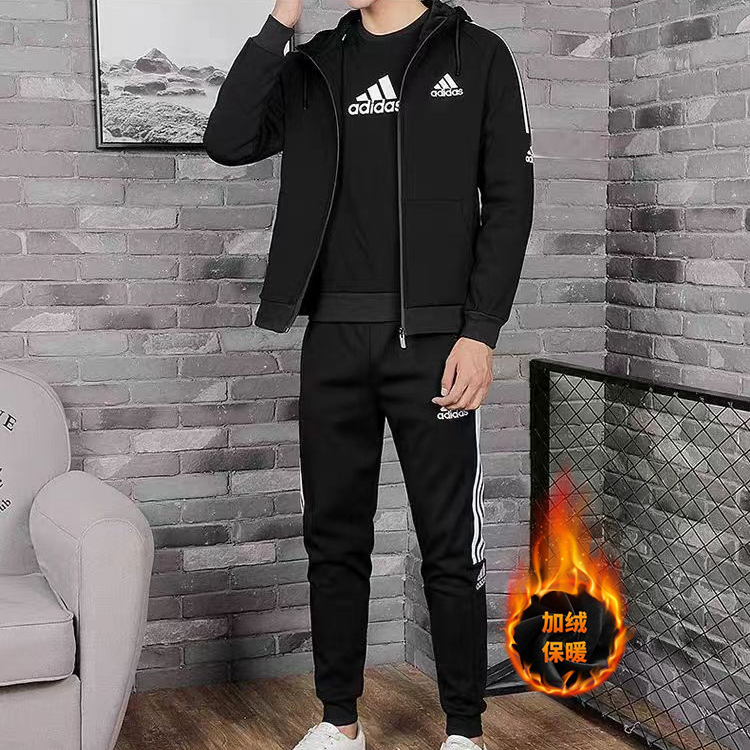 冬季新款三件套加绒加厚男士运动休闲套装连帽保暖青少年帅气时尚
