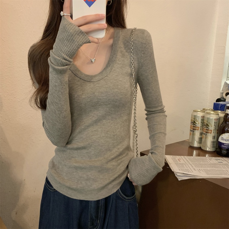 鹅蛋领U领慵懒风百搭长袖针织衫女2025早秋修身简约纯色显瘦上衣