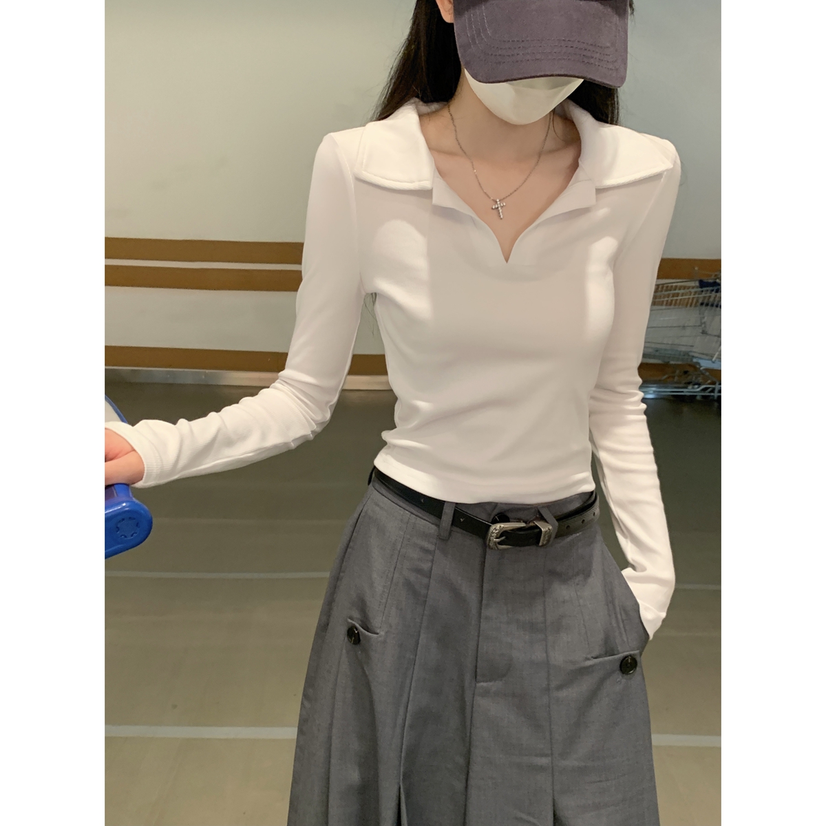 白色polo领修身打底衫2025春季小个子短款内搭上衣韩版长袖T恤女
