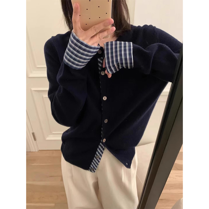 假两件格子拼接针织开衫女学院风减龄上衣2025春季软糯设计感毛衣