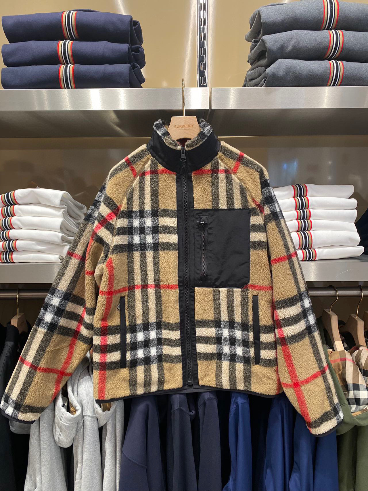 全新未使用 BURBERRY/博柏利 男女同款 经典格纹泰迪熊羊羔绒外套