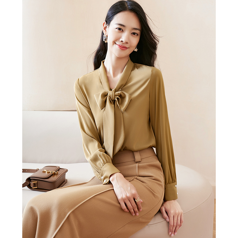 晚白春季新款气质纯色衬衣简约OL通勤百搭淑女长袖衬衫女23071156