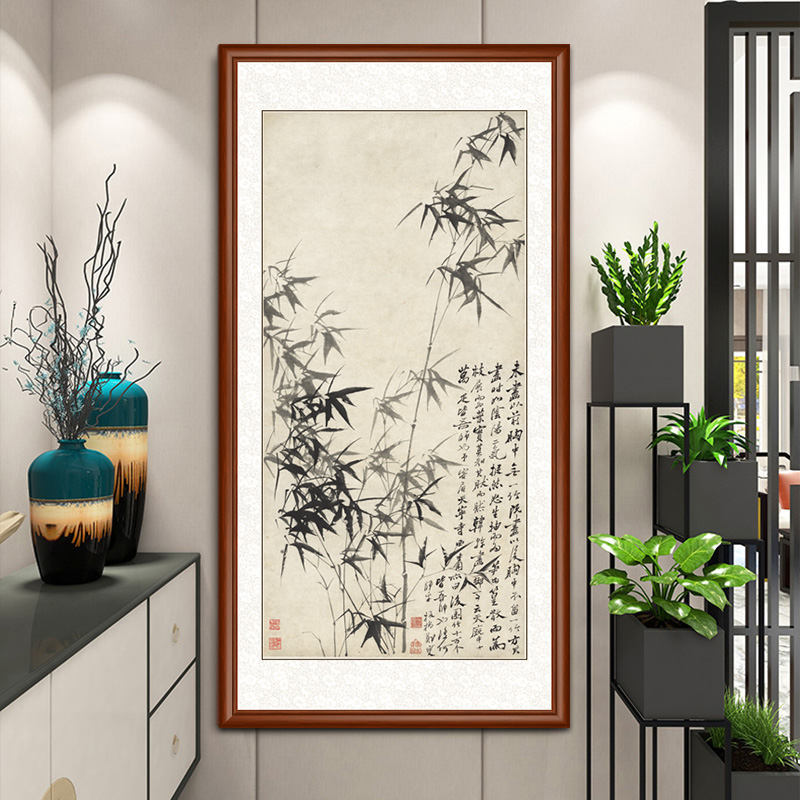 【墨竹图】带框装裱玄关装饰画水墨竹子客厅挂画茶室中餐厅竖版