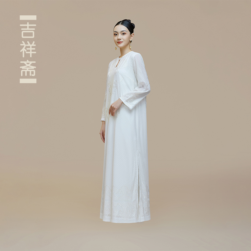 吉祥斋单件女装圆领连衣裙中式白色女士中长款纯色云水禅心长衫