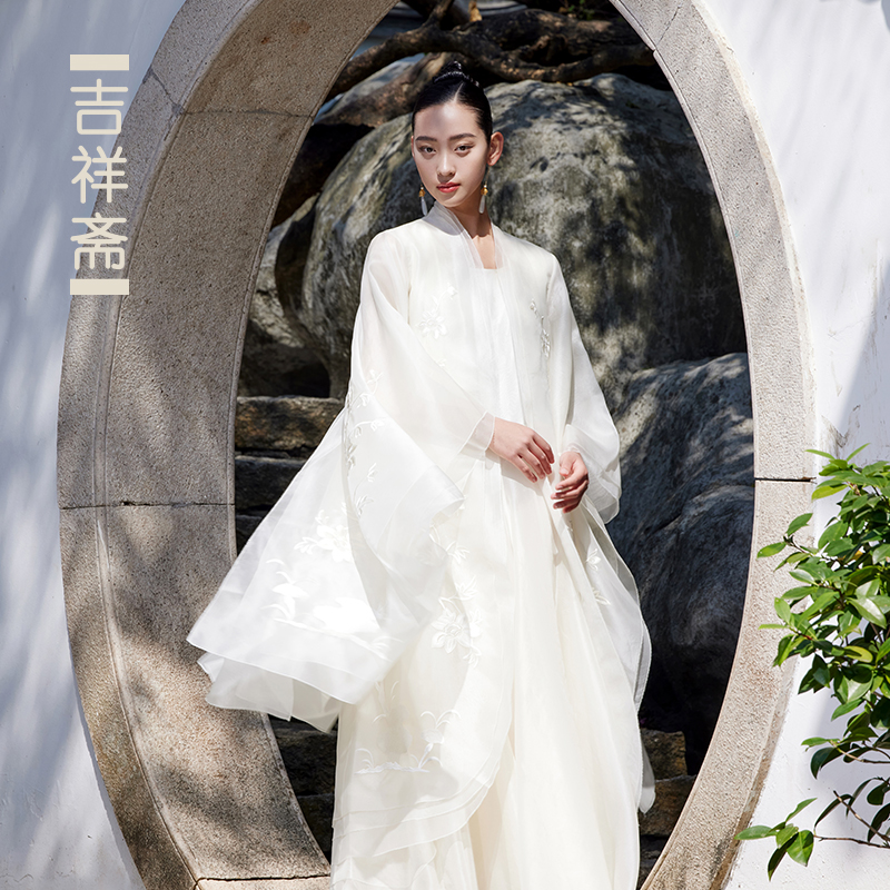 吉祥斋茉莉清资纱衣国风女装桑蚕丝白色中国风宋制春夏立领长款
