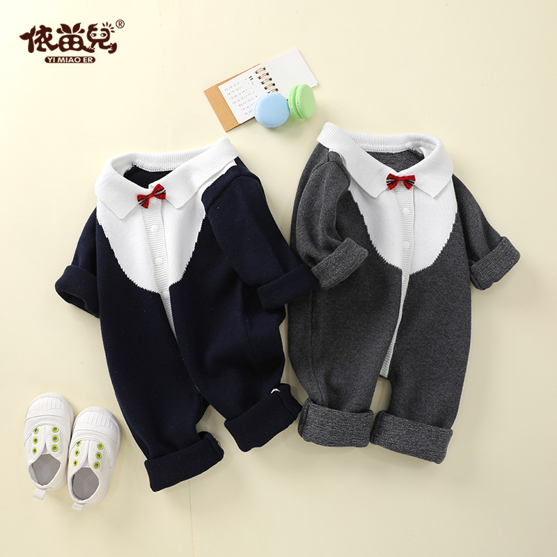 婴幼儿秋冬哈衣长袖针织爬服男宝领结连体衣绅士翻领假两件