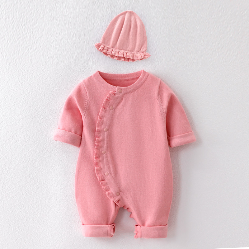 宝宝长袖针织连体衣花边带帽爬服可爱公主风哈衣