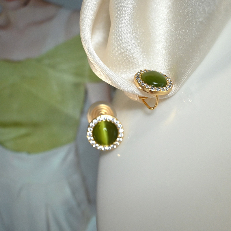 铜合金耳饰 「绿渊之境」复古绿喵耳饰无耳洞耳环耳夹蚊香盘简约女