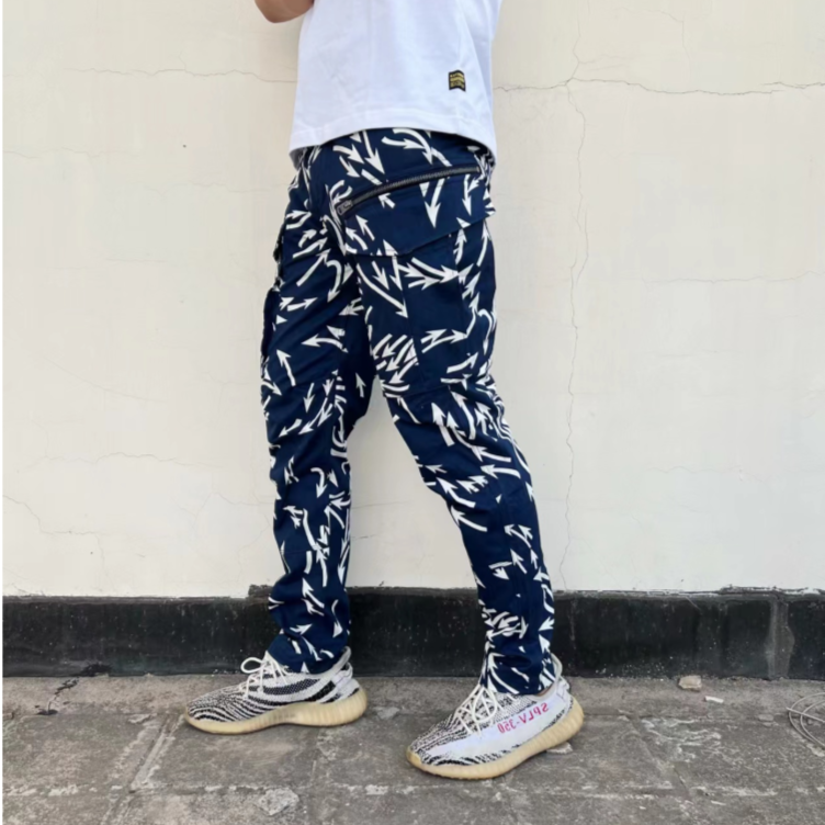 EXREIN百搭ROVIC舒适箭头涂鸦设计工装拉链多口袋休闲裤工装裤