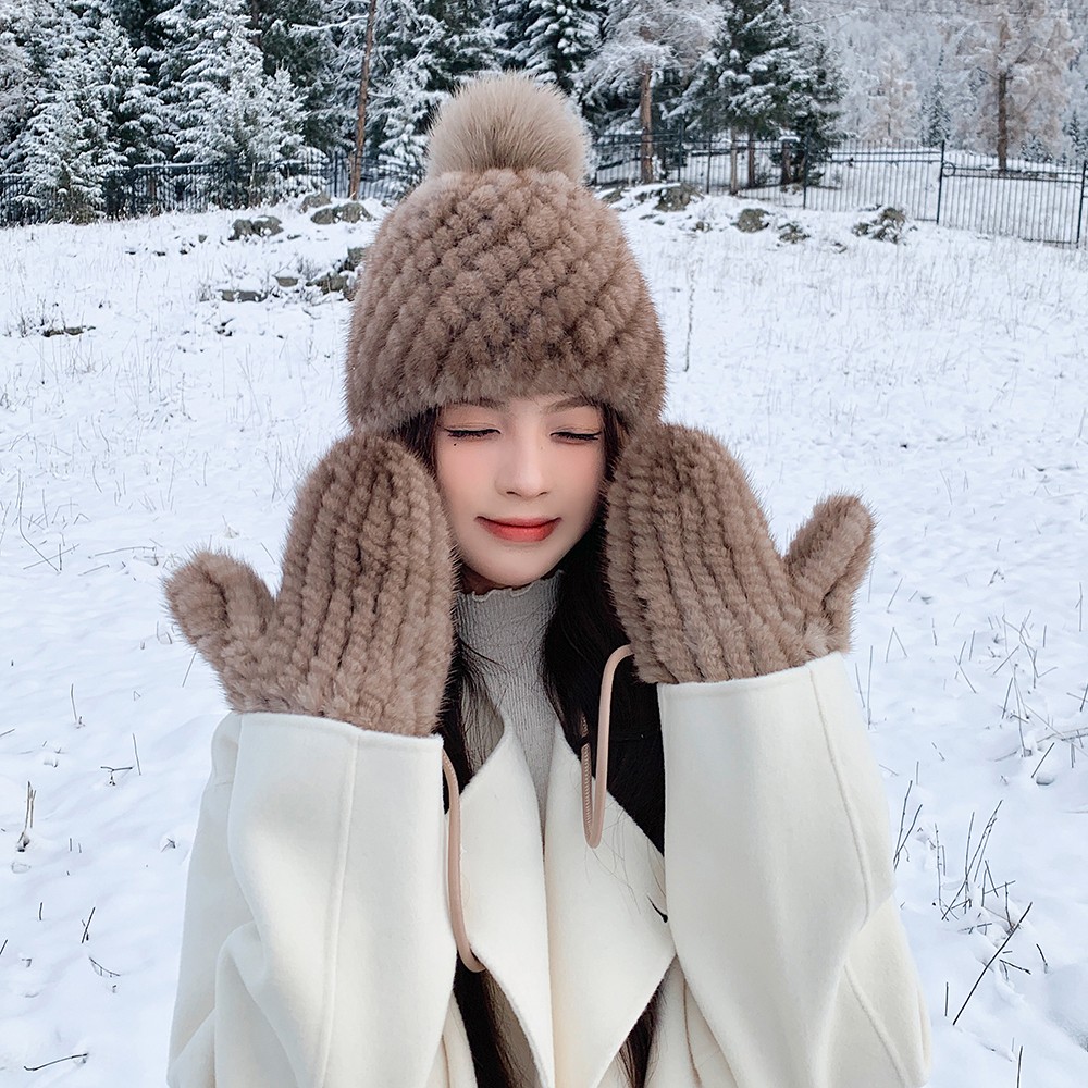 水貂毛皮草帽子/手套女冬季保暖可爱小菠萝护耳帽防寒手套