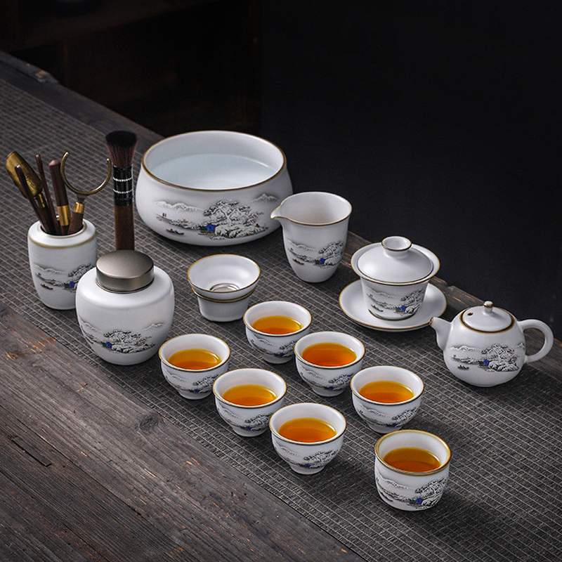 雪景汝窑高档大全套茶具礼盒装轻奢家用三才瓷盖碗手工简约A193