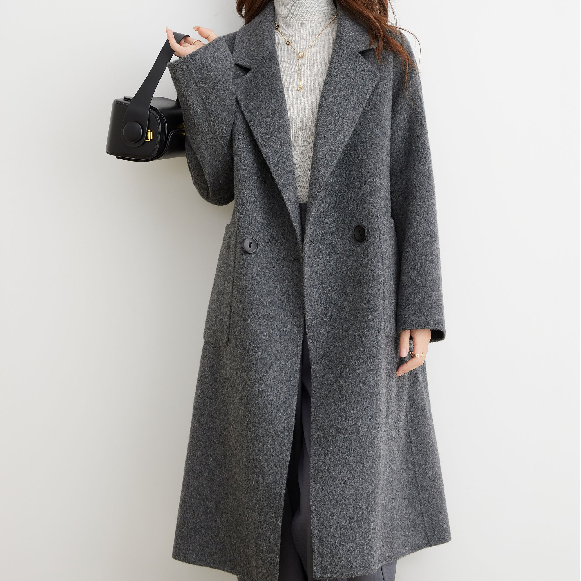 高端羊毛双面呢外套女冬季新款宽松西装领职场大衣6650毛呢大衣女