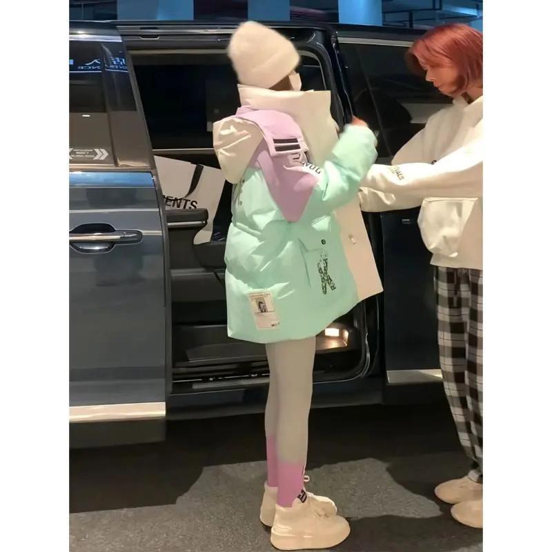 潮流炸街工装羽绒棉服女2023年冬季新款撞色中长款加厚宽松棉服