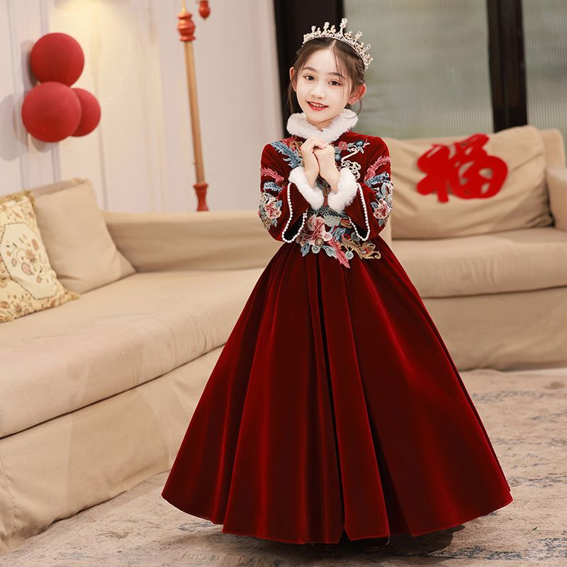 新品巴拉巴拉女童新年礼服红色公主裙冬季加厚儿童高端小主持人花