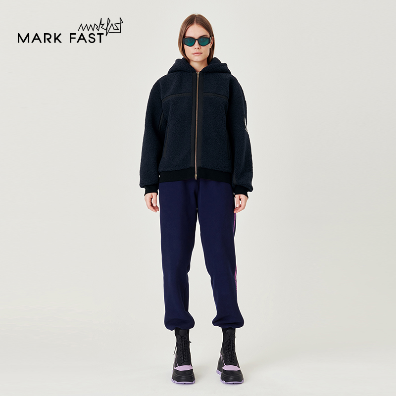 MARKFAST设计师品牌秋冬藏青色摇粒绒拼布外套情侣款M1CHU90690