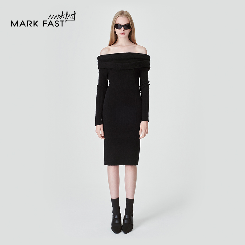 MARKFAST秀场同款设计师品牌黑色针织连衣裙女M1DGW04140