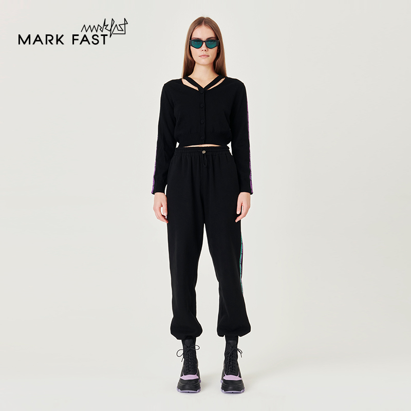 MARKFAST设计师品牌秋冬黑色镂空V领短款针织开衫女M1CFW08310