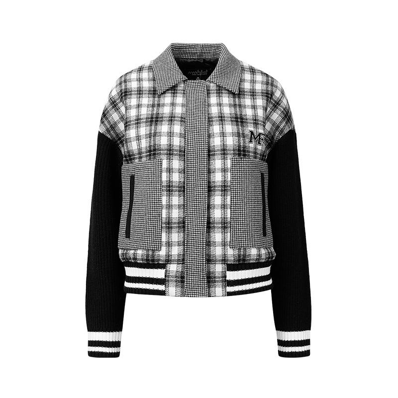MARKFAST设计师品牌黑白格纹棒球外套羊毛混纺短夹克M1BIW90250