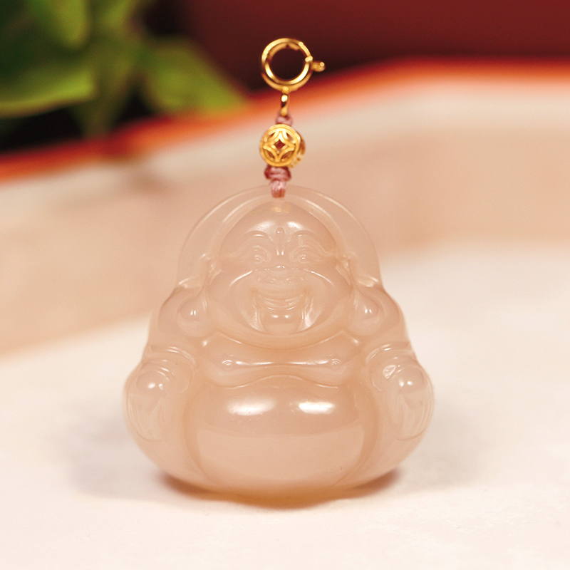 【叶叶珠宝】559 和田玉红藕粉弥勒佛+18k金佛公玉坠30*30*11mm