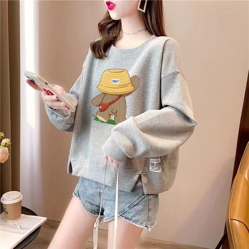 加绒/薄款华夫格新款秋冬短款卫衣女学生宽松设计感长袖上衣外穿