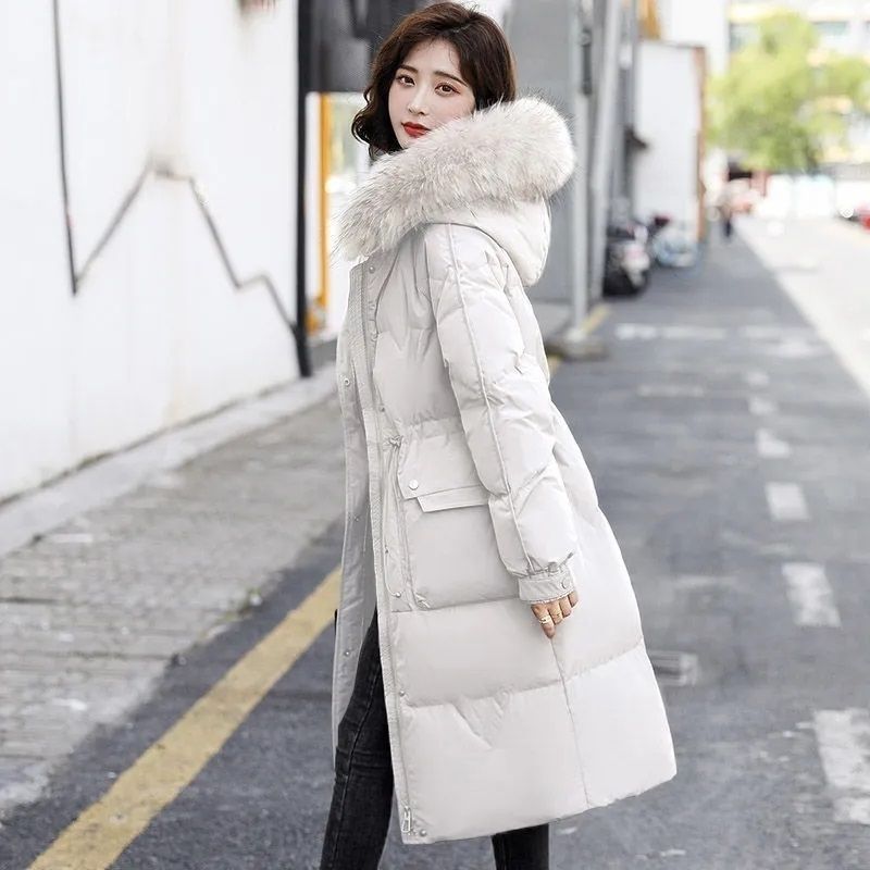 雪中飞2023新款羽绒服女中长款过膝收腰韩版加厚白鸭绒大毛领冬季