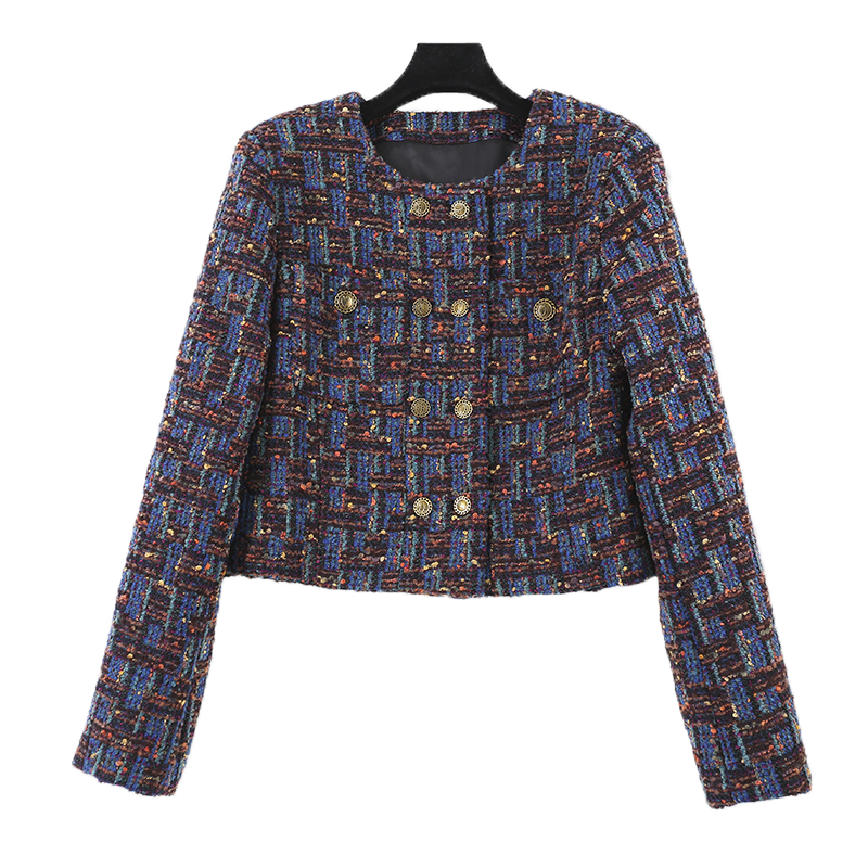 法式复古小香风编织彩色粗花呢气场双排金属扣外套01521