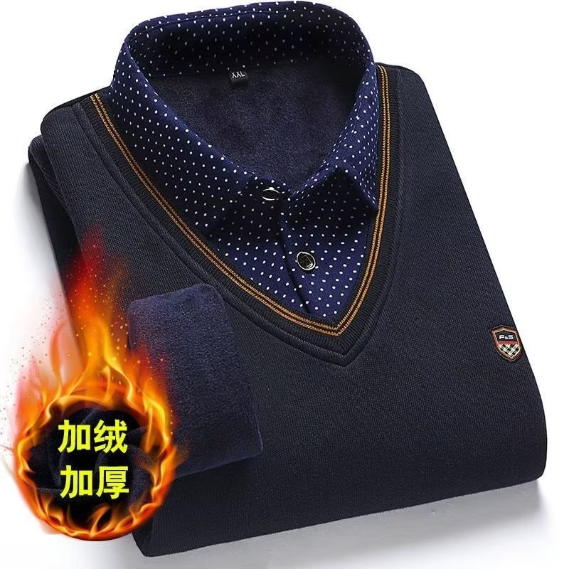 【秋冬/加绒款】男士假两件衬衫领毛衣男中老年打底针织内搭爸爸