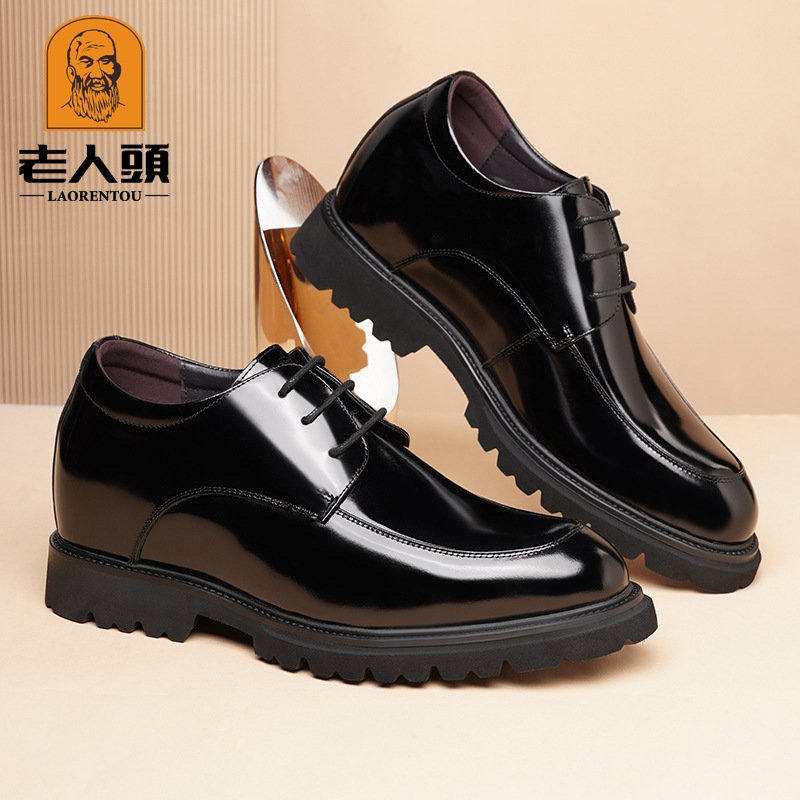 老人头休闲皮鞋男士真皮厚底隐形内增高英伦风商务正装漆皮德比鞋