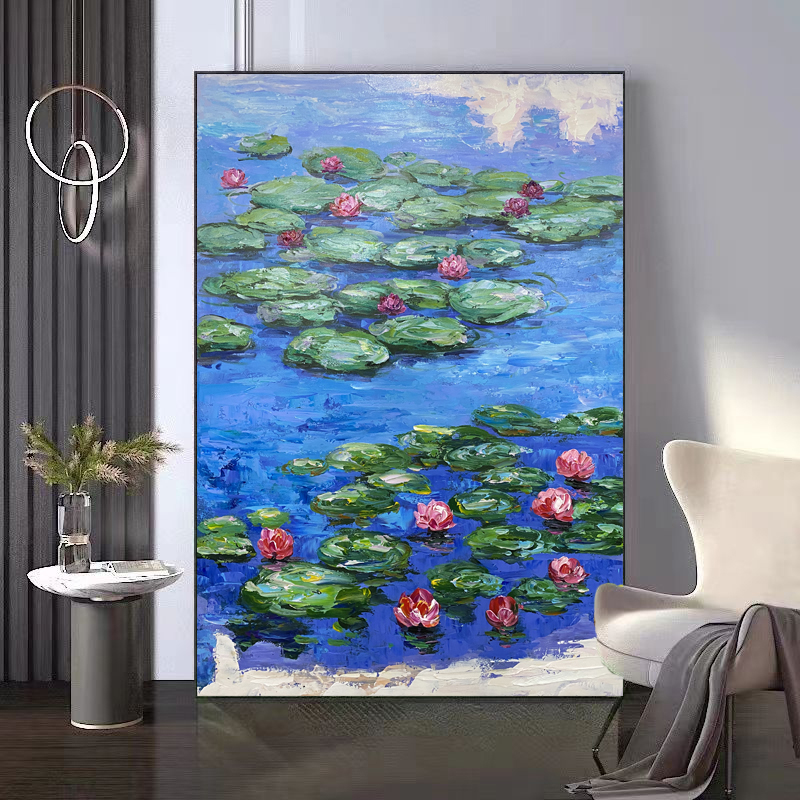 XG 664 睡莲落地玄关画手绘油画抽象装饰画玄关画轻奢背景简约