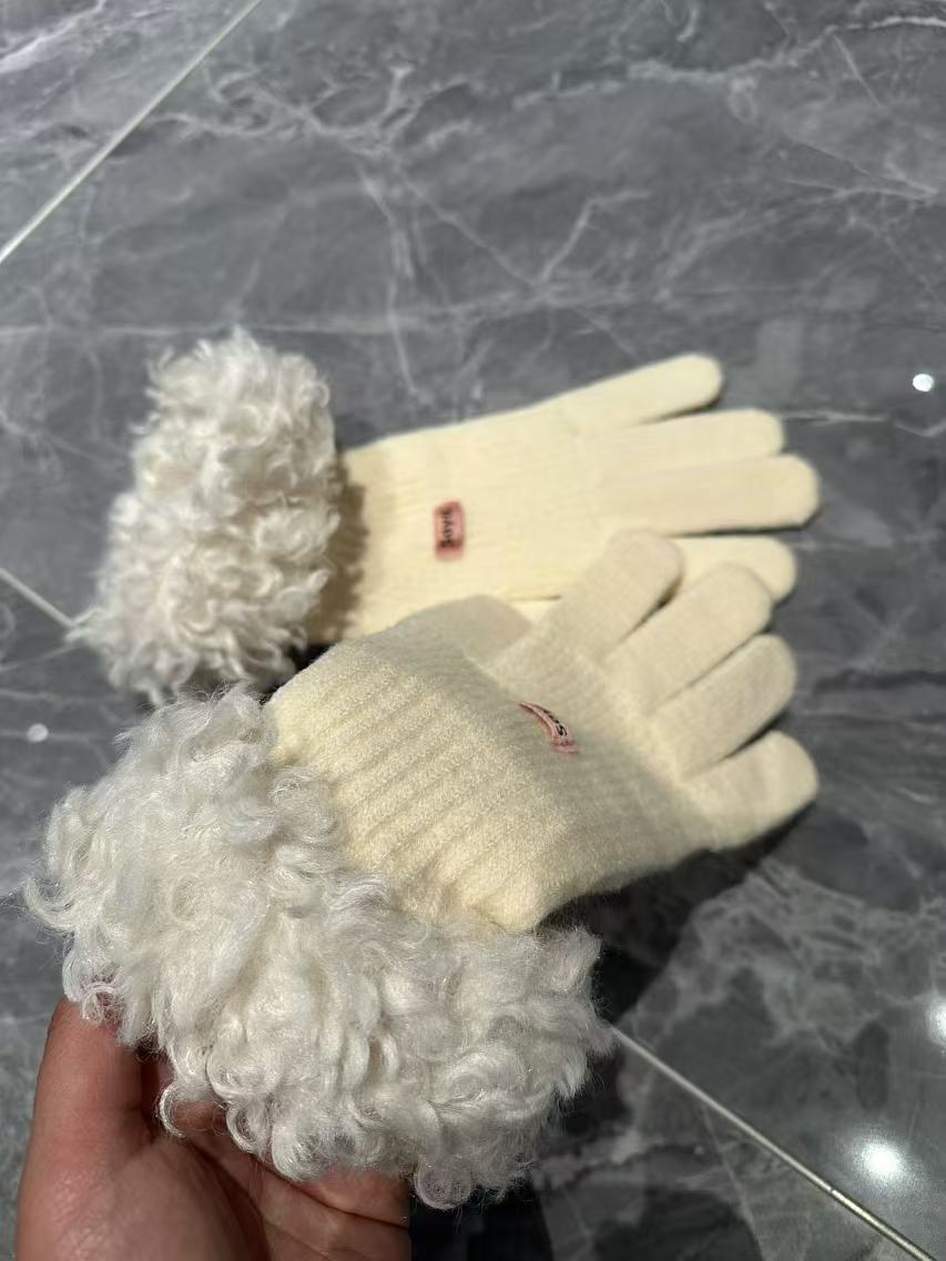 毛绒边手套女冬2024新款韩版针织保暖骑车五指分开可触屏防风防寒