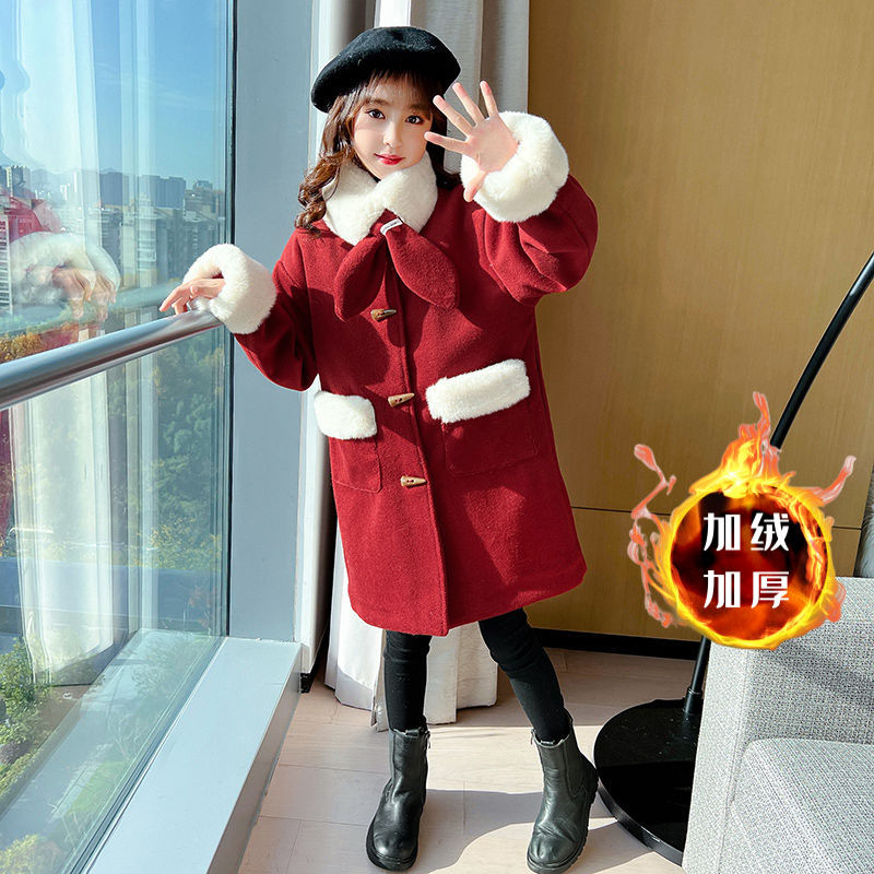 女童毛呢外套2024秋冬儿童红色拜年服洋气新款保暖呢子中大童大衣